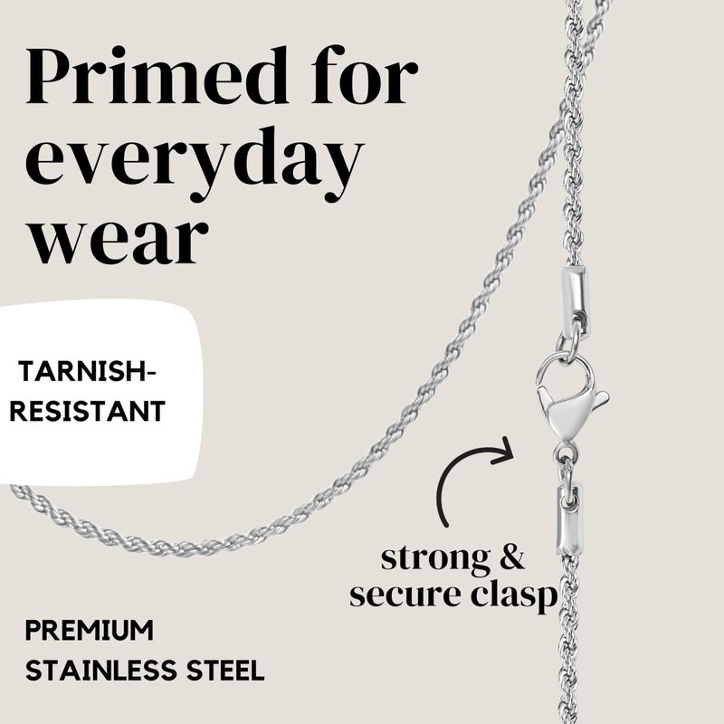 KISPER 24k White Gold Rope Chain Necklace â€“Thin, Dainty, White Gold Plated Stainless Steel Jewelry for Women & Men with Lobster Clasp, 20" - Image 4